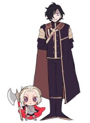 Rule 34 | &gt;:&lt;, 1boy, 1girl, armor, arms behind back, axe, blush, cape, chibi, do m kaeru, edelgard von hresvelg, fire emblem, fire emblem: three houses, fire emblem warriors, fire emblem warriors: three hopes, full body, hubert von vestra, nintendo, red cape, shaded face, simple background, size difference, standing, white background, white hair