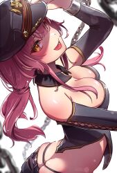 Rule 34 | 1girl, absurdres, adjusting clothes, adjusting headwear, arm up, ass, bare shoulders, black hat, black shirt, black shorts, breasts, butt crack, character request, cleavage, cross-laced clothes, cross-laced sleeves, cuffs, detached collar, detached sleeves, handcuffs, hat, highres, kry oekk, large breasts, long hair, looking at viewer, open mouth, original, red hair, shirt, shorts, sidelocks, smile, solo, twintails, upper body, yellow eyes