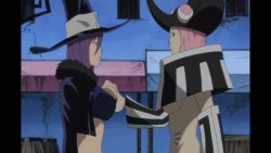 Rule 34 | 00s, 2girls, animated, animated gif, blair (soul eater), breasts squeezed together, breasts, detached sleeves, hat, jacket, midriff, mizune (soul eater), multiple girls, pink hair, purple hair, soul eater, strapless, subtitled, tube top, underboob, witch hat