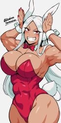 Rule 34 | 1girl, :d, absurdres, animal ears, armpits, arms up, bare shoulders, boku no hero academia, bow, bowtie, breasts, cleavage, clothing cutout, covered abs, covered navel, dark-skinned female, dark skin, detached collar, hair over shoulder, hands up, harurukan, highleg, highleg leotard, highres, large breasts, leotard, long eyelashes, long hair, looking at viewer, mirko, muscular, muscular female, nail polish, obliques, open mouth, parted bangs, playboy bunny, rabbit ears, rabbit girl, rabbit pose, rabbit tail, red bow, red bowtie, red eyes, red nails, smile, solo, strapless, strapless leotard, tail, tail through clothes, teeth, thighs, traditional bowtie, twitter username, white background, white hair, wrist cuffs