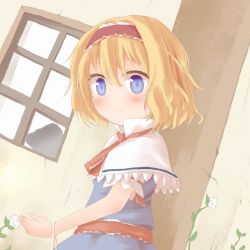 Rule 34 | 1girl, alice margatroid, blonde hair, blue dress, blue eyes, blush, capelet, dress, female focus, flower, frown, headband, leaf, looking at viewer, sash, shize (coletti), short hair, short sleeves, solo, strap, touhou, wall, window