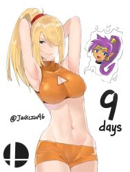 Rule 34 | 2girls, :d, armpits, arms behind head, arms up, bare arms, bare legs, bare shoulders, black choker, blonde hair, blue eyes, blue gemstone, blush, bra, breasts, choker, cleavage, cleavage cutout, closed mouth, clothing cutout, dark-skinned female, dark skin, earrings, female focus, gem, hair over one eye, happy, high ponytail, highres, hoop earrings, j@ck, jewelry, large breasts, legs, lips, long hair, looking at viewer, metroid, midriff, mole, mole under mouth, multiple girls, navel, nintendo, open mouth, orange shorts, pointy ears, purple hair, revealing clothes, samus aran, shantae, shantae: half-genie hero, shantae (series), shantae and the pirate&#039;s curse, short shorts, shorts, simple background, sleeveless, sleeveless turtleneck, smile, super smash bros., thought bubble, tiara, turtleneck, twitter username, underwear, white background