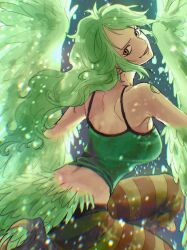 Rule 34 | 1girl, absurdres, bare shoulders, bird legs, bird tail, breasts, commentary request, crop top, feathered wings, feathers, green feathers, green hair, green tank top, green wings, harpy, highres, large breasts, long hair, looking at viewer, looking back, midriff, monet (one piece), monster girl, one piece, smile, snow, solo, striped leggings, tail, talons, tank top, urasanmyaku, winged arms, wings, yellow eyes