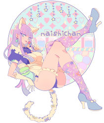 Rule 34 | 1girl, aano (10bit), absurdres, animal ears, apron, asymmetrical legwear, blue eyes, bridal garter, candy, cat ears, cat tail, character name, earrings, fake animal ears, fake tail, food, gloves, high heels, highres, hime cut, jewelry, kneehighs, leg up, lollipop, looking at viewer, macaron, maid, maid apron, naishi-chan, open mouth, original, purple hair, sharp teeth, single kneehigh, single sock, single thighhigh, socks, solo, tail, teeth, thigh strap, thighhighs, tongue, tongue out, uneven legwear
