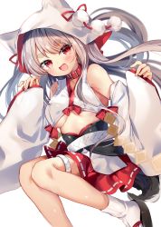Rule 34 | 1girl, :d, animal hood, azur lane, blush, breasts, collar, detached sleeves, fang, grey hair, hood, japanese clothes, legs, long hair, looking at viewer, medium breasts, open mouth, red collar, red eyes, red skirt, ribbon-trimmed skirt, ribbon trim, simple background, skirt, smile, solo, tabi, tatara maguro, thick eyebrows, underboob, white background, wide sleeves, wolf hood, yuudachi (azur lane), yuudachi (the bride of solomon) (azur lane)