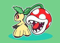 Rule 34 | absurdres, creatures (company), crossover, fukidashi cotton, game freak, gen 3 pokemon, green background, highres, mario (series), mawile, nintendo, no humans, open mouth, outline, piranha plant, pokemon, pokemon (creature), red eyes, sharp teeth, teeth, tongue