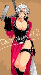Rule 34 | 1girl, bad id, bad pixiv id, blue eyes, boots, breasts, charatei, cleavage, coat, dante (devil may cry), devil may cry (series), devil may cry 2, gender request, genderswap, gloves, large breasts, shorts, sword, weapon, white hair