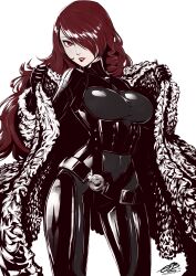 Rule 34 | 1girl, absurdres, belt, black bodysuit, black gloves, bodysuit, breasts, coat, fur coat, gloves, highres, holding, holding clothes, holding coat, kirijou mitsuru, looking at viewer, medium breasts, omniformblue, one eye covered, open mouth, persona, persona 3, persona 4: the ultimate in mayonaka arena, persona 4: the ultimax ultra suplex hold, red eyes, red hair, red lips, solo, white background