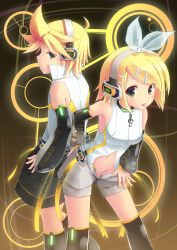 Rule 34 | 1boy, 1girl, :p, absurdres, aqua eyes, arm warmers, bare shoulders, black thighhighs, blonde hair, blush, brother and sister, detached sleeves, groin, hair ornament, hair ribbon, hairclip, headphones, highres, kagamine len, kagamine len (append), kagamine rin, kagamine rin (append), kuroneko shiro, leg warmers, looking back, navel, no panties, open clothes, open fly, open shorts, popped collar, ribbon, short hair, shorts, siblings, smile, thighhighs, tongue, tongue out, twins, undressing, unzipped, vocaloid, vocaloid append
