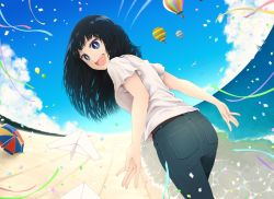 Rule 34 | 1girl, aircraft, beach, beach umbrella, bird, black hair, blue eyes, boat, cloud, commentary request, confetti, day, denim, dutch angle, horizon, hot air balloon, jeans, looking at viewer, looking back, ocean, open mouth, original, outdoors, pants, paper airplane, sailboat, seagull, sky, solo, streamers, umbrella, watercraft, wind, wind lift, yajirushi (chanoma)