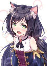 Rule 34 | 1girl, animal ear fluff, animal ears, bare shoulders, black hair, blush, cat ears, cat girl, cat tail, detached sleeves, fang, flying sweatdrops, green eyes, highres, karyl (princess connect!), long hair, long sleeves, looking at viewer, low twintails, multicolored hair, open mouth, princess connect!, purple skirt, shirt, skirt, sleeveless, sleeveless shirt, solo, streaked hair, tail, tomo (tmtm mf mf), twintails, very long hair, white hair, white shirt