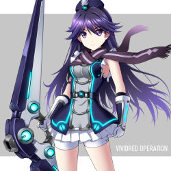 Rule 34 | 1girl, bike shorts, black hair, bow (weapon), commentary request, copyright name, cowboy shot, gloves, kuroki rei, long hair, nonbe, palette suit, pleated skirt, print scarf, purple eyes, purple scarf, scarf, shorts, shorts under skirt, skirt, solo, standing, vividred operation, weapon, white gloves, white shorts, white skirt