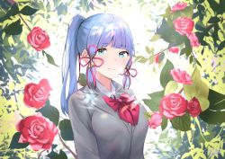 Rule 34 | 1girl, absurdres, ayaka (genshin impact), bad id, bad pixiv id, blue eyes, blunt bangs, bow, bowtie, captain yina, collared shirt, commentary, flower, genshin impact, grey shirt, hair ribbon, highres, looking at viewer, ponytail, red bow, red bowtie, red flower, red ribbon, red rose, ribbon, rose, school uniform, shirt, signature, silver hair, smile, solo, tassel, tress ribbon, upper body