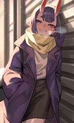 Rule 34 | 1girl, against wall, alternate costume, bag, bob cut, breath, casual, chorogon, coat, contemporary, cowboy shot, eyeliner, fate/grand order, fate (series), hand in pocket, highres, horns, looking at viewer, makeup, oni, open clothes, open coat, open mouth, purple coat, purple eyes, purple hair, scarf, shirt, shirt tucked in, short eyebrows, short hair, shoulder bag, shuten douji (fate), skin-covered horns, smile, snowing, solo, white shirt, winter, winter clothes, yellow scarf