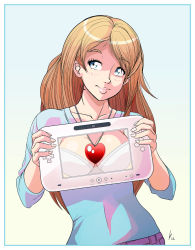 Rule 34 | 1girl, blue eyes, blue pants, blue shirt, blush, bra, breasts, brown hair, cleavage, controller, denim, drawing tablet, eyelashes, game console, game controller, heart, heart necklace, holding controller, holding game controller, jeans, jewelry, large breasts, lips, long hair, looking at viewer, louis lloyd-judson, necklace, nintendo, original, pants, shirt, short sleeves, solo, standing, underwear, white bra, wii u, wii u gamepad, x-ray vision