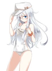 Rule 34 | 10s, 1girl, blue eyes, character name, hat, hibiki (kancolle), kantai collection, long hair, moca blanc, name tag, old school swimsuit, one-piece swimsuit, polka dot, russian text, school swimsuit, scrunchie, silver hair, simple background, solo, swimsuit, verniy (kancolle), white one-piece swimsuit, white school swimsuit, wrist scrunchie