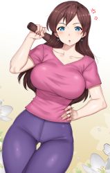 Rule 34 | 1girl, absurdres, anger vein, aqua eyes, borrowed character, breasts, brown hair, cleavage, collarbone, dutch angle, earrings, flower, gluteal fold, gradient background, highres, holding, holding weapon, jewelry, large breasts, lips, looking at viewer, mature female, original, parted lips, pink shirt, shirt, solo, taut clothes, taut shirt, weapon, yakimi 27