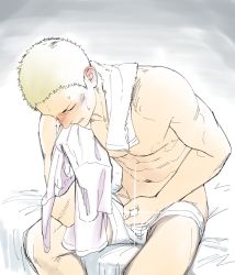 Rule 34 | 1boy, blonde hair, blush, character request, closed eyes, copyright request, hand on penis, itto (mentaiko), male focus, masturbation, penis grab, sitting, solo, sweat, topless male, towel, underwear, undressing, wince