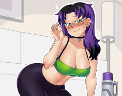 Rule 34 | 1girl, aqua eyes, bare shoulders, belly, blush, breasts, choker, collarbone, couch, embarrassed, glasses, highres, jewelry, kneeling, lamp, leggings, living room, nail polish, necklace, pants, purple eyes, sidney (zeshgolden), solo, yoga pants, zeshgolden