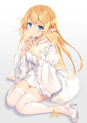 Rule 34 | 1girl, blonde hair, blue eyes, bow, braid, dress, fingers together, haishiki, high heels, highres, jewelry, knees together feet apart, long hair, looking at viewer, necklace, original, pointy ears, ribbon, sitting, solo, thighhighs, wariza, white dress