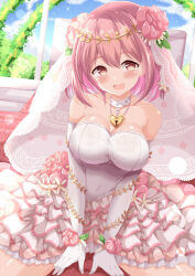 Rule 34 | 1girl, :d, bare shoulders, blue sky, blush, breasts, bridal veil, bride, brown eyes, cleavage, cloud, collarbone, commentary request, commission, day, dress, elbow gloves, flower, frilled dress, frills, gloves, hair between eyes, hair flower, hair ornament, heart, highres, hoshizaki akari, indoors, keyhole, large breasts, looking at viewer, ongeki, open mouth, pink flower, pink hair, see-through, skeb commission, sky, smile, solo, strapless, strapless dress, veil, wedding dress, white dress, white gloves, xenon (for achieve)