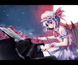 Rule 34 | 1girl, bat (animal), bat wings, blue hair, dress, female focus, flower, full moon, hat, hat ribbon, highres, instrument, letterboxed, moon, musical note, nangua mache, piano, playing, red eyes, red moon, remilia scarlet, ribbon, rose, sheet music, short hair, smile, solo, touhou, wings, wrist cuffs
