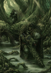 Rule 34 | 2boys, adeptus astartes, armor, camouflage, epic, goggles, gun, highres, jungle, male focus, multiple boys, nature, okita, pauldrons, plant roots, rifle, scope, shoulder armor, sunlight, tree, wading, warhammer 40k, weapon