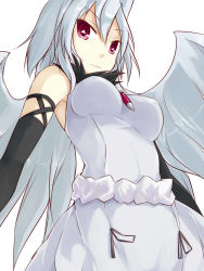 Rule 34 | 1girl, angel wings, breasts, dress, elbow gloves, engi threepiece, gloves, jewelry, kuro (be ok), long hair, looking at viewer, pendant, purple eyes, simple background, solo, symbol-shaped pupils, white background, white hair, wings, yumekui merry