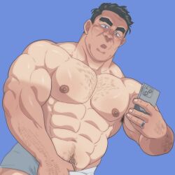Rule 34 | 1boy, bara, boxer briefs, bulge, cheekbones, cowboy shot, crotch grab, erection, erection under clothes, highres, holding, holding phone, huge eyebrows, large pectorals, male focus, male underwear, mature male, muscular, muscular male, nipples, old, old man, original, paid reward available, pectorals, phone, selfie, short hair, solo, sparse arm hair, sparse chest hair, tan, thick navel hair, underwear, white male underwear, wrinkled skin, zettoken