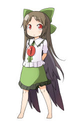 Rule 34 | 1girl, aged down, arms behind back, barefoot, black wings, bow, brown hair, female focus, full body, hair bow, nakashino setsu, red eyes, reiuji utsuho, simple background, solo, standing, touhou, white background, wings