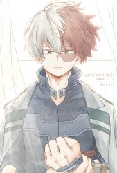 Rule 34 | 1boy, blue eyes, boku no hero academia, burn scar, clenched hand, costume, curtains, dated, english text, grey eyes, hair between eyes, hair blowing, happy birthday, heterochromia, highres, holding own wrist, jacket, jacket on shoulders, light smile, long bangs, looking at viewer, male focus, multicolored hair, omuriko630, red hair, scar, scar on face, school uniform, short hair, solo, split-color hair, straight-on, todoroki shouto, two-tone hair, u.a. school uniform, upper body, white hair, wind