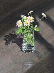 Rule 34 | absurdres, flower, glass, highres, leaf, no humans, object focus, original, painting (medium), plant, plant focus, realistic, still life, sunlight, traditional media, vase, watanabe masato, water, watercolor (medium), white flower