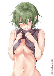 Rule 34 | 1girl, alternate costume, bare shoulders, blush, breasts, clothes lift, ebifurya, green eyes, green hair, hair between eyes, heavy breathing, heterochromia, highres, kantai collection, kiso (kancolle), lifted by self, looking at viewer, medium breasts, navel, no bra, parted lips, scar, scar across eye, scar on face, shirt, shirt lift, simple background, sleeveless, sleeveless shirt, solo, stomach, turtleneck, twitter username, underboob, upper body, white background, yellow eyes