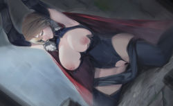 Rule 34 | 1girl, armpits, arms up, artoria pendragon (fate), artoria pendragon (lancer) (fate), bad id, bad pixiv id, blonde hair, blue gloves, blue legwear, blue leotard, breasts, breasts out, cape, closed mouth, dutch angle, fate/grand order, fate (series), fur-trimmed cape, fur trim, gloves, green eyes, hair between eyes, highres, jam (nandade), large breasts, leotard, looking down, nipples, one breast out, pussy, restrained, sidelocks, swept bangs, thighs