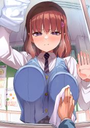 Rule 34 | 1girl, absurdres, against glass, arm up, blue vest, blush, breast press, breasts, breasts on glass, cleaning, cleaning windows, cloth, collared shirt, hair ornament, hairclip, hand on glass, highres, holding cloth, indoors, ishizaka ryuudai, large breasts, looking at viewer, medium hair, necktie, original, poster (object), pout, pov, pov hands, purple eyes, rag, red hair, school uniform, shirt, solo, striped necktie, sweatdrop, vest, wet, white shirt, window