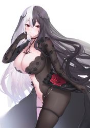 Rule 34 | 1girl, black choker, black hair, blush, breasts, choker, cleavage, closed mouth, cowboy shot, floral print, flower, from side, hair ornament, large breasts, less (neverless), long hair, looking at viewer, looking to the side, merumeko, multicolored hair, navel, original, red eyes, rose, skindentation, smile, solo, thigh strap, thighs, white background, white hair