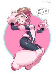 Rule 34 | :o, artist name, black bodysuit, blush stickers, bodysuit, boku no hero academia, boots, brown eyes, brown hair, commentary, contrapposto, hand up, helmet, high heel boots, high heels, looking afar, ohhhhhhtsu, open mouth, pink background, pink bodysuit, pink footwear, short hair, sidelocks, solo, thick eyebrows, translated, twitter username, uraraka ochako, w arms, white background