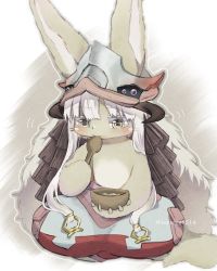 Rule 34 | 1girl, 1other, androgynous, animal ears, animal hands, bowl, brown fur, child, commentary request, ears through headwear, eating, fake horns, food, furry, helmet, highres, holding, holding bowl, holding spoon, horizontal pupils, horned helmet, horns, iorieggs514, made in abyss, nanachi (made in abyss), on ground, other focus, pants, puffy pants, simple background, sitting, spoon, topless, twitter username, whiskers, white hair, wooden bowl, wooden spoon, yellow eyes