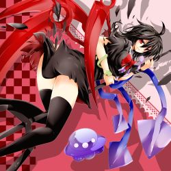 Rule 34 | 1girl, ahoge, akatsuki yakyou, asymmetrical wings, black hair, bow, bowtie, female focus, highres, houjuu nue, polearm, red eyes, short hair, snake, solo, spear, thighhighs, torn clothes, touhou, trident, ufo, weapon, wings, zettai ryouiki