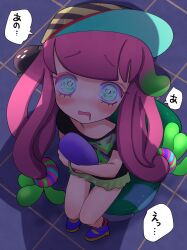 Rule 34 | 1girl, black shirt, blue eyes, blush, bracelet, colored eyelashes, drooling, green skirt, harmony&#039;s clownfish (splatoon), harmony (splatoon), hat, highres, jewelry, looking at viewer, looking up, miniskirt, nintendo, open mouth, scared, shadow, shirt, shoes, sideways hat, sitting, skirt, solo, splatoon (series), splatoon 3, tama nya, tentacle hair, tile floor, tiles, wide-eyed
