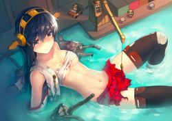 Rule 34 | 10s, 1girl, 3boys, black hair, black thighhighs, blush, breasts, brown eyes, budget sarashi, cannon, cleavage, colored eyelashes, crane (machine), detached sleeves, fairy (kancolle), felix (felix901123), hair between eyes, haruna (kancolle), headband, in water, kantai collection, long hair, machinery, mini person, miniboy, miniskirt, multiple boys, navel, nontraditional miko, partially submerged, red skirt, sarashi, skirt, thighhighs, torn clothes, torn legwear, turret, water, zettai ryouiki