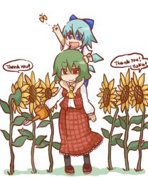 Rule 34 | 2girls, ascot, barefoot, blue eyes, blue hair, bug, butterfly, chibi, cirno, english text, flower, green hair, gurageida, insect, kazami yuuka, multiple girls, pantyhose, plaid, plaid skirt, plaid vest, red eyes, shaded face, short hair, skirt, skirt set, smile, sunflower, touhou, vest, watering can, white background, wings