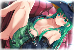 Rule 34 | 1girl, absurdres, bad id, bad pixiv id, barefoot, belt, black belt, blue hat, blunt bangs, blush, breasts, closed mouth, collarbone, frown, green eyes, green hair, green skirt, hair censor, hair over breasts, hat, highres, long hair, long sleeves, looking at viewer, masou shizuka, medium breasts, miniskirt, rance (series), rance 10, skirt, solo, very long hair, witch hat, yagiryu