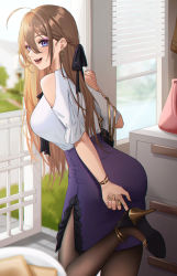 Rule 34 | 1girl, :d, bag, black pantyhose, blue eyes, blurry, blurry background, blush, bracelet, braid, brown hair, clothing cutout, cowlick, drawer, earrings, expulse, gold footwear, grass, hair ribbon, handbag, high heels, highres, jewelry, long hair, looking at viewer, looking back, lower teeth only, nail polish, office lady, open mouth, original, pantyhose, pencil skirt, purple ribbon, purple skirt, ribbon, shirt, shirt tucked in, short sleeves, shoulder cutout, side slit, sidelocks, skirt, smile, solo, teeth, upper teeth only, white shirt, window