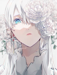 Rule 34 | 1girl, asymmetrical hair, blue eyes, commentary, english commentary, flower, highres, lipstick, long hair, looking at viewer, makeup, one eye covered, original, peony (flower), portrait, sidelocks, solo, white background, white flower, white hair, white theme, yagi (shiro yagi)