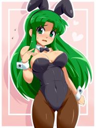 Rule 34 | 1girl, animal ears, bare shoulders, blush, bow, bowtie, breasts, brown pantyhose, cleavage, covered navel, detached collar, embarrassed, fake animal ears, ganbare goemon, green eyes, green hair, heart, konpeto, large breasts, leotard, long hair, matching hair/eyes, open mouth, outside border, pantyhose, playboy bunny, rabbit ears, solo, wide hips, wrist cuffs, yae (ganbare goemon)