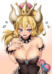 Rule 34 | 1girl, absurdres, arm behind back, armlet, averting eyes, bare shoulders, black dress, black nails, blonde hair, blue eyes, bowsette, box, breasts, cleavage, collar, collarbone, crown, dress, embarrassed, eyelashes, flying sweatdrops, gift, gradient background, hand on own chest, heart, heart-shaped box, heart-shaped pupils, highres, holding, horns, kaorihero, large breasts, long hair, looking down, mario (series), nail polish, new super mario bros. u deluxe, nintendo, open mouth, pink background, ponytail, sharp teeth, shiny skin, sidelocks, solo, spiked armlet, spiked collar, spikes, strapless, strapless dress, super crown, symbol-shaped pupils, teeth
