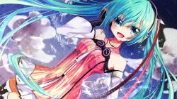 Rule 34 | 1girl, aqua eyes, aqua hair, detached sleeves, fingerless gloves, freely tomorrow (vocaloid), gloves, hatsune miku, headset, highres, long hair, open mouth, project diva (series), project diva f, skirt, solo, star voice (module), thighhighs, tsukasa kinako, twintails, very long hair, vocaloid