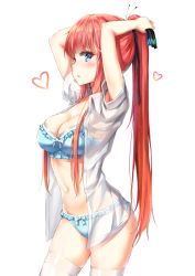 Rule 34 | 1girl, arms up, beliatan, blue bra, blue eyes, blue panties, blush, bow, bow panties, bra, breasts, butterfly hair ornament, cleavage, collared shirt, cowboy shot, crotch seam, eyes visible through hair, frilled bra, frilled panties, frills, from side, go-toubun no hanayome, hair between eyes, hair ornament, hair ribbon, heart, highres, holding, holding own hair, large breasts, long hair, looking at viewer, nakano nino, navel, open clothes, open mouth, open shirt, panties, ponytail, red hair, ribbon, see-through, shirt, short sleeves, sidelocks, simple background, solo, thighhighs, thighs, tying hair, underwear, white background, white shirt