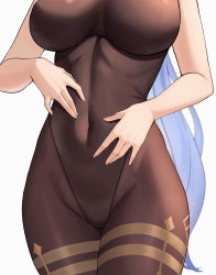 Rule 34 | 1girl, absurdres, bare arms, black leotard, blue hair, breasts, brown pantyhose, commentary, covered navel, cowboy shot, fingernails, ganyu (genshin impact), genshin impact, hands on own stomach, head out of frame, highleg, highleg leotard, highres, impossible clothes, large breasts, leotard, long hair, narrow waist, pantyhose, simple background, skin tight, solo, sp123, standing, thigh gap, very long hair, white background